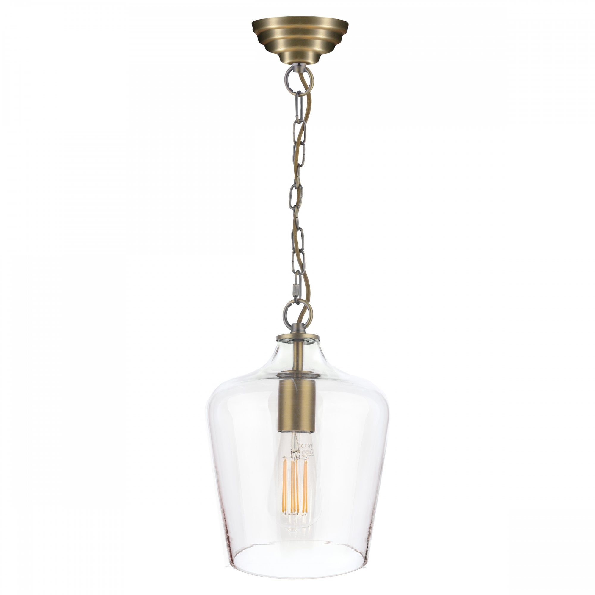 A full studio shot of the pendant light with a clear glass shade and Edison bulb.