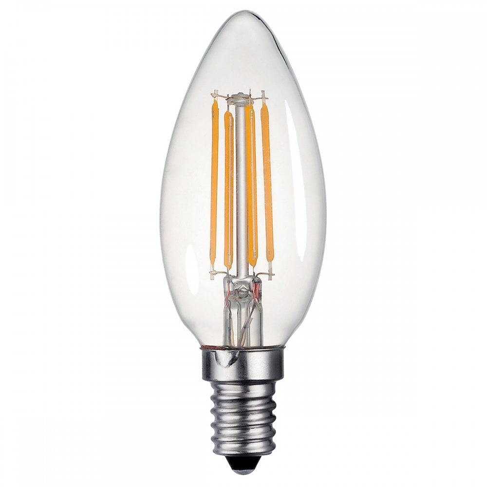 A clear candle-shaped LED light bulb with visible filaments and a screw base.