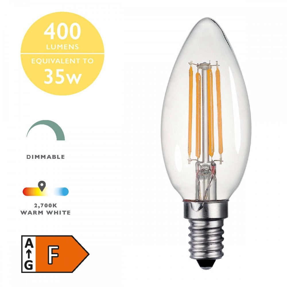 An LED light bulb with performance icons for lumens, wattage, dimmable, and energy rating.