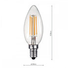 A clear LED candle bulb with dimensions showing its height of 10.8cm and width of 3.8cm.