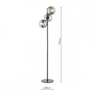Dimensions of the modern floor lamp with three spherical smoked glass shades.