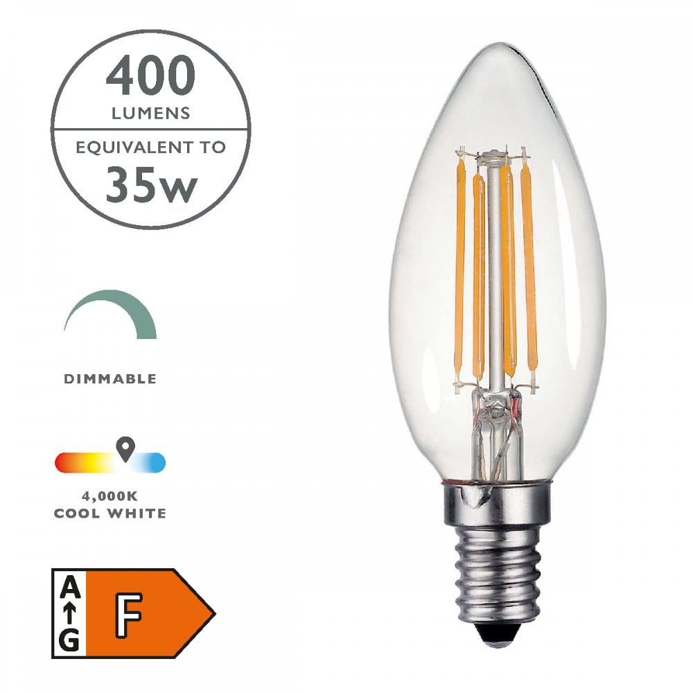 An E14 LED filament candle bulb with specifications like 400 lumens and dimmable.