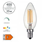 An E14 LED filament candle bulb with specifications like 400 lumens and dimmable.