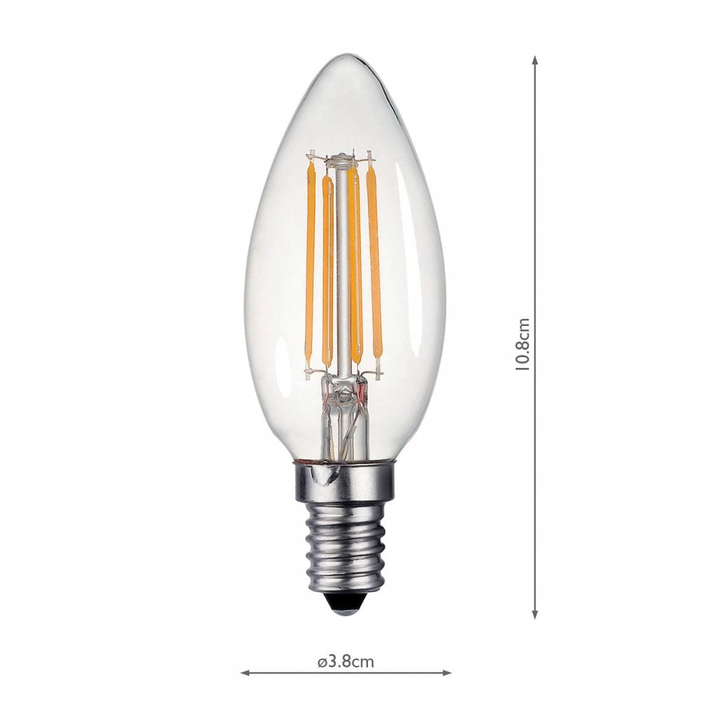 An E14 LED filament candle bulb with its dimensions shown: 10.8cm by 3.8cm.