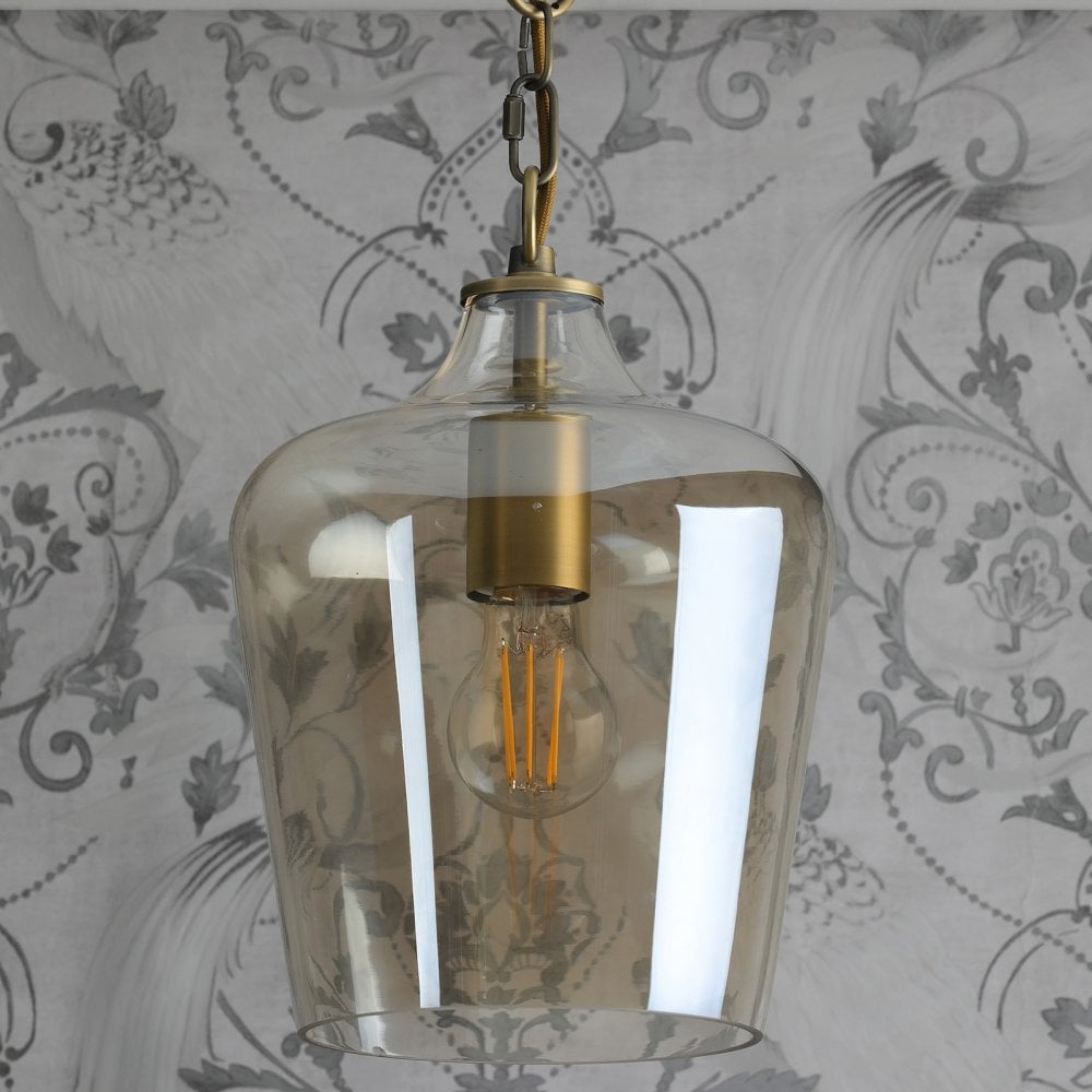 A close-up view of the pendant light with the bulb unlit.