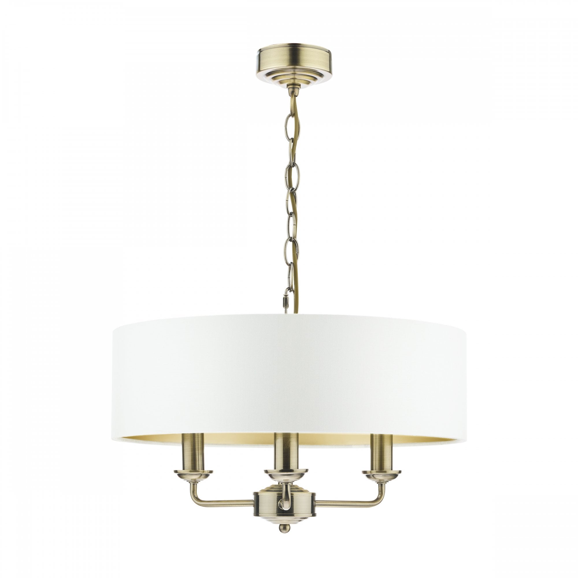 A brass three-arm pendant light with a white drum shade against a white background.