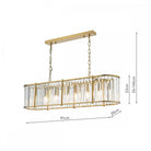 A rectangular chandelier with measurements for length, width, and height against a white background.