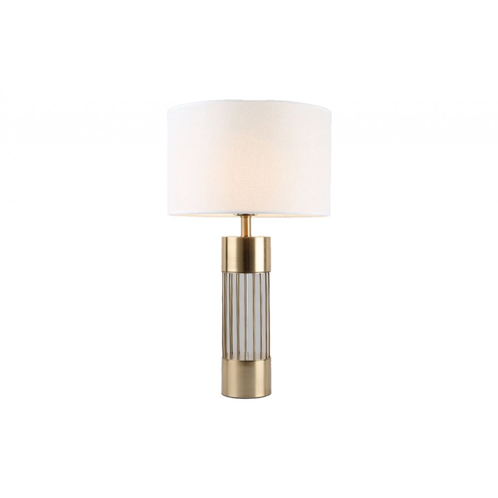 A modern table lamp with a white shade and a gold base with vertical ribbing.