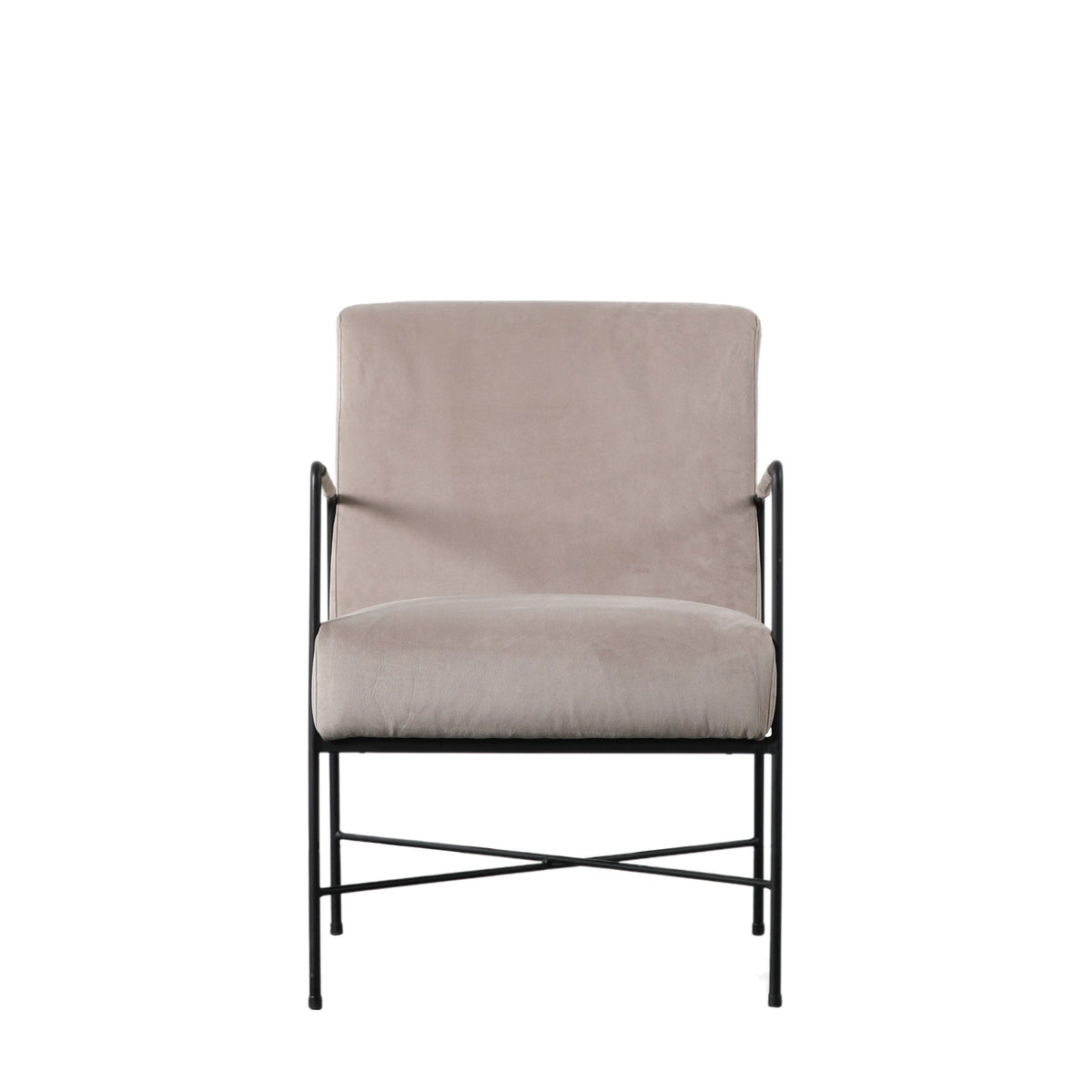Front view of a beige armchair with a black metal frame and light arm wraps.