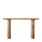 Front view of a minimalist console table made from light mango wood on a white background.
