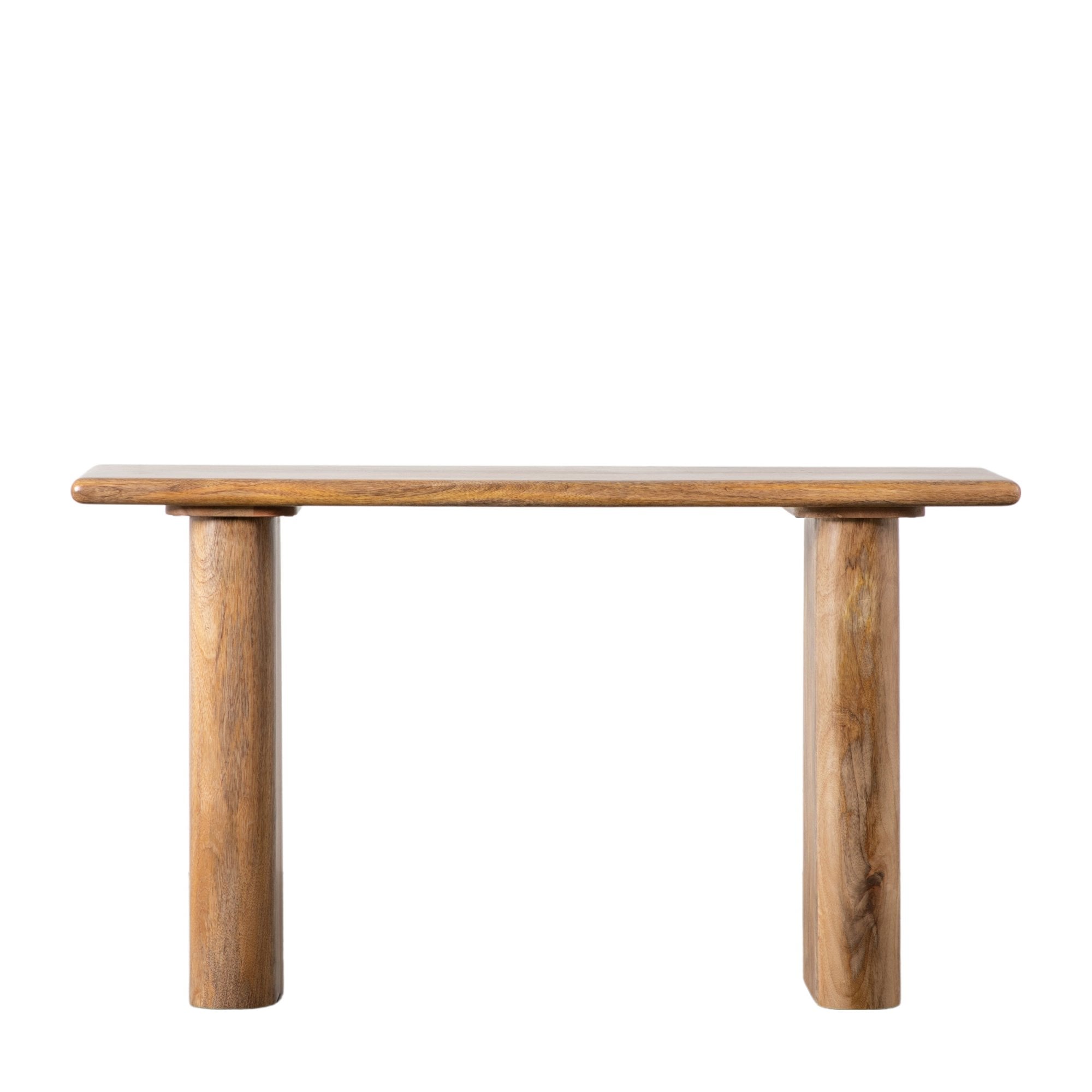 Front view of a minimalist console table made from light mango wood on a white background.