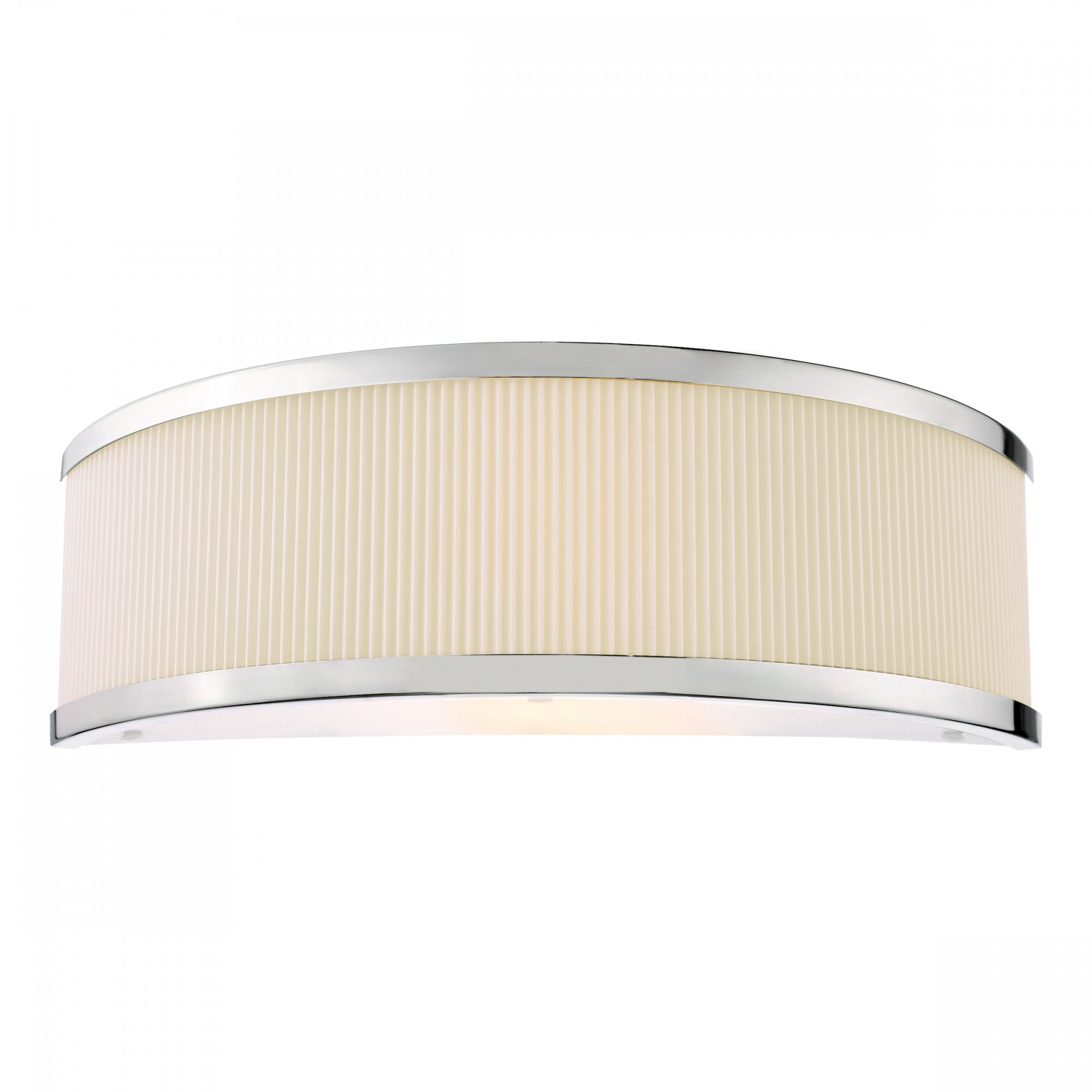 An elegant wall light with a curved, ribbed cream shade and polished chrome trim.