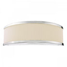 A modern wall light featuring a curved, cream-colored ribbed shade and chrome details.