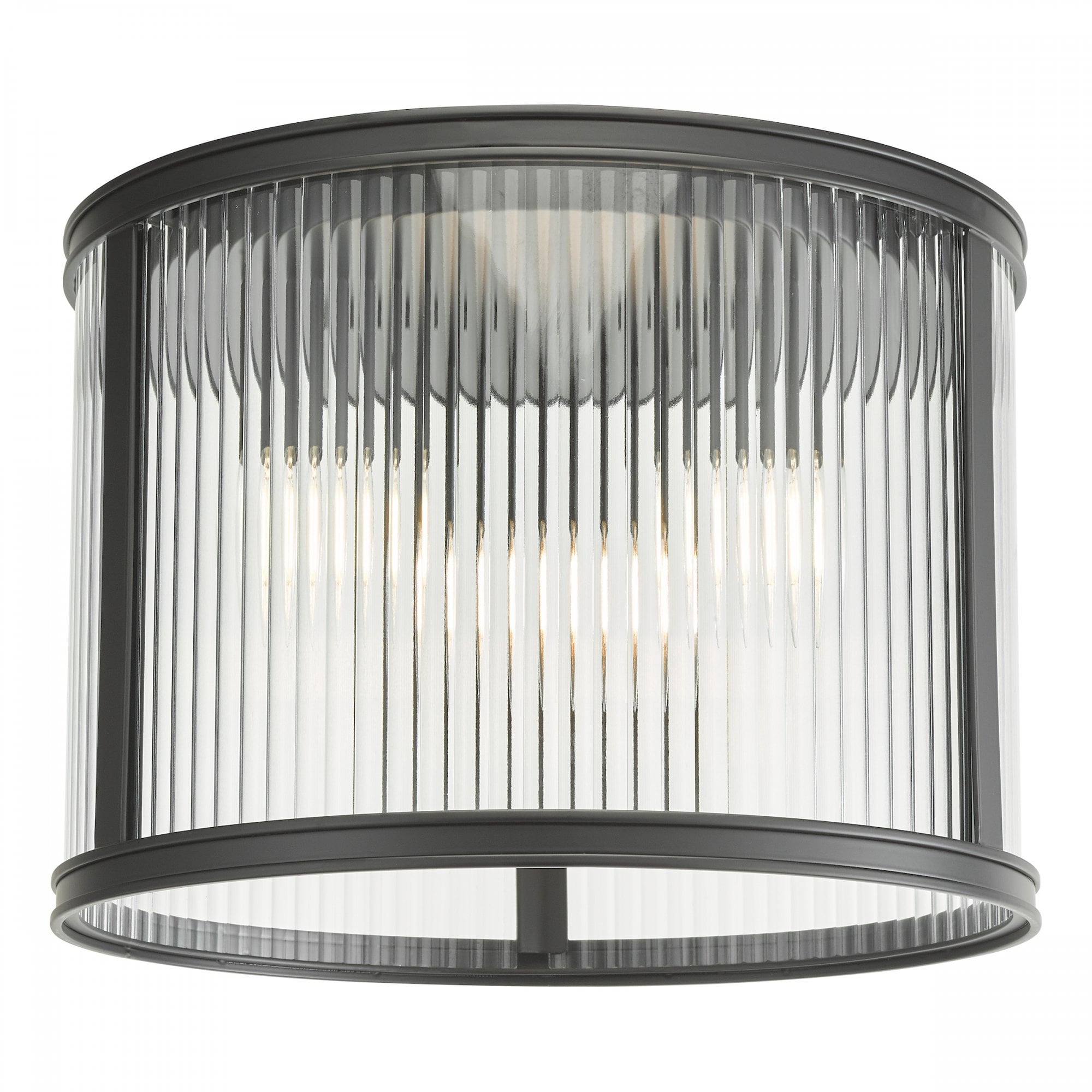 A close up view of a ceiling mounted cylindrical light with fluted glass and a black frame.