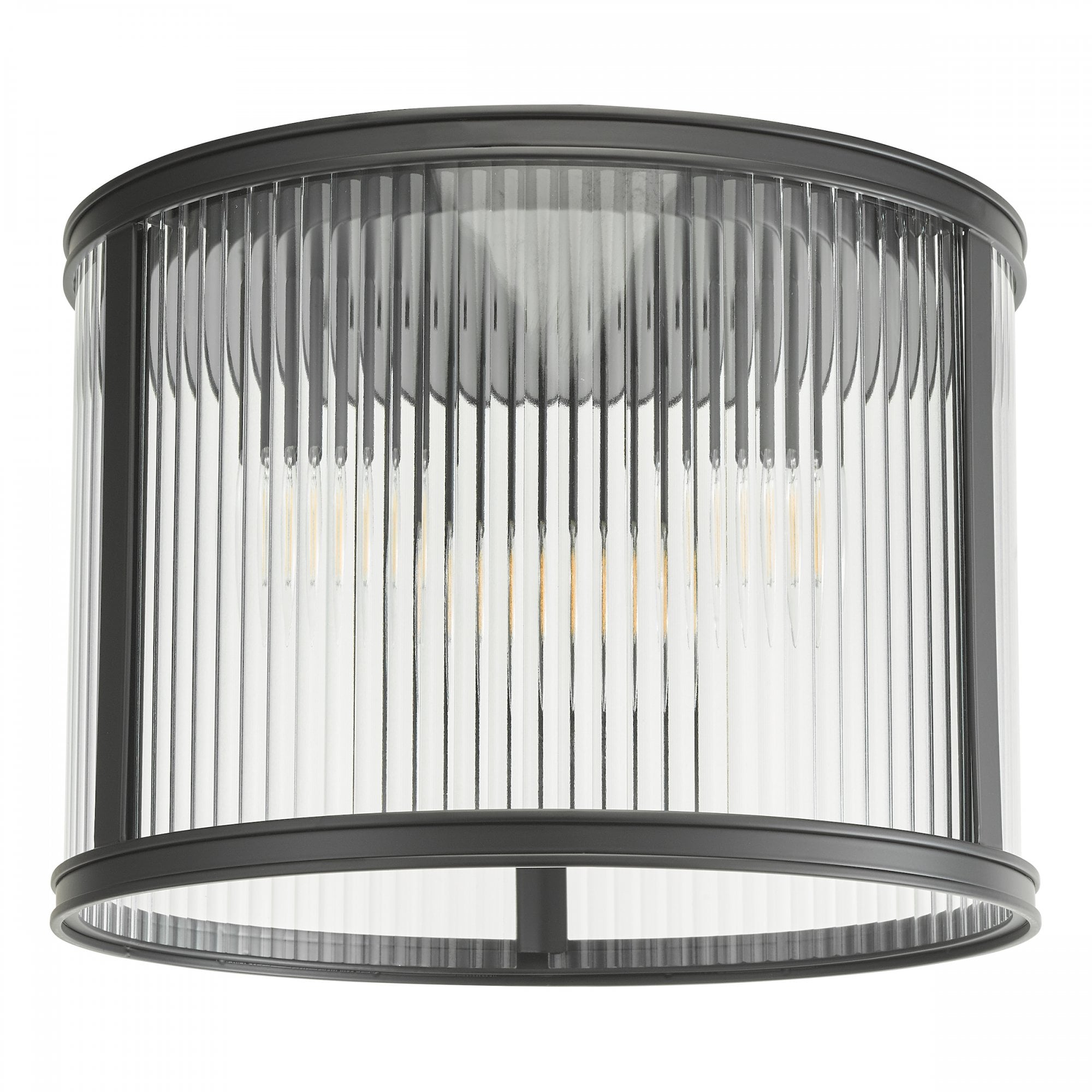 A close up view of a ceiling mounted cylindrical light with fluted glass and a black frame.