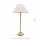 A brass table lamp with a cream scalloped shade, with dimensions displayed.