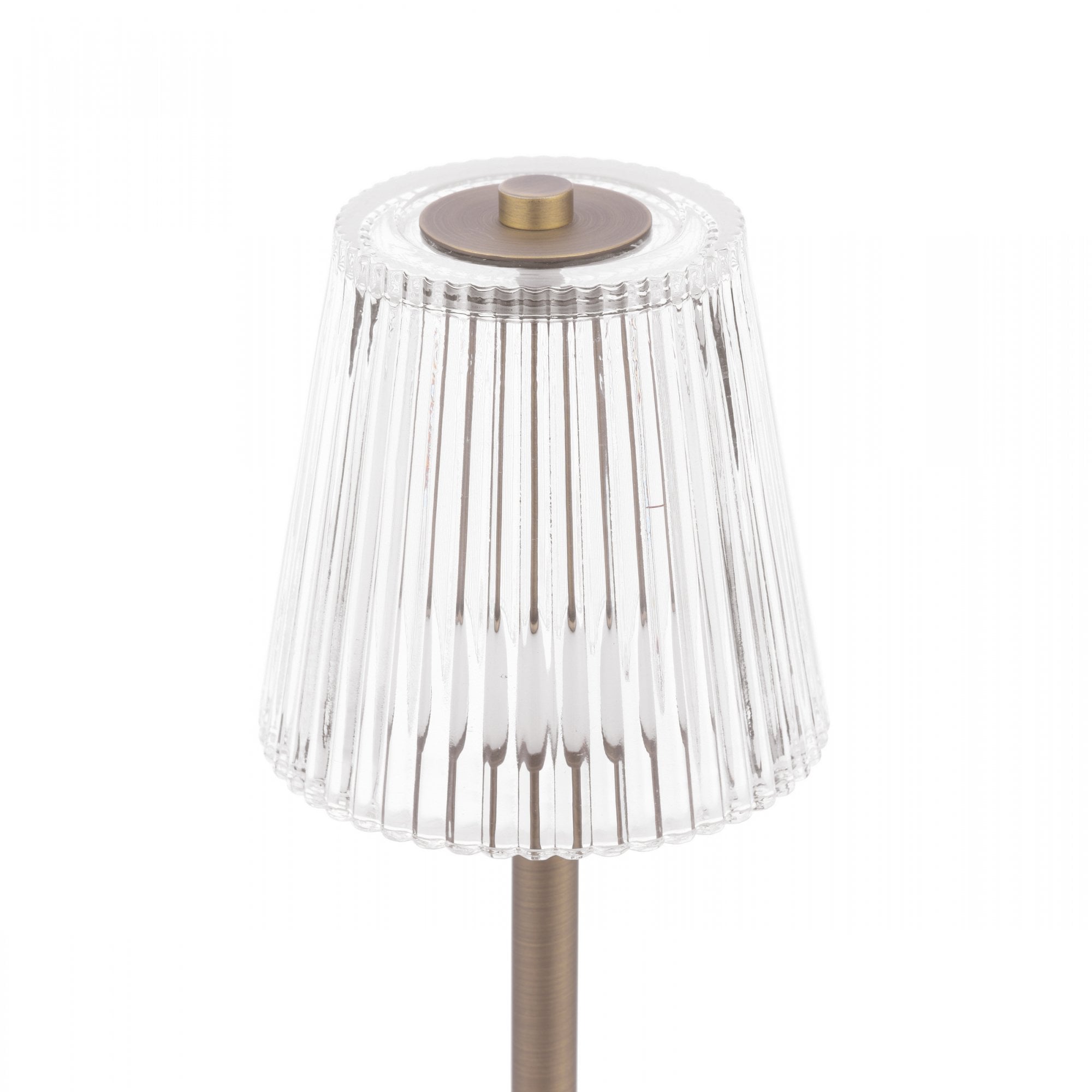 The pleated clear plastic shade of the bronze rechargeable table lamp.