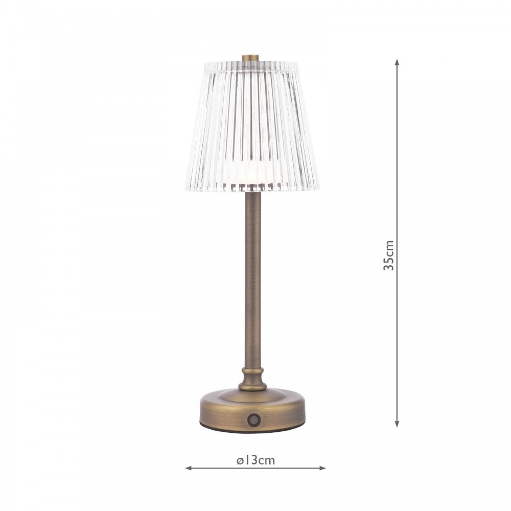 Bronze rechargeable table lamp with dimensions of 35cm high and 13cm diameter.