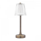 Bronze rechargeable table lamp with a pleated clear plastic shade.