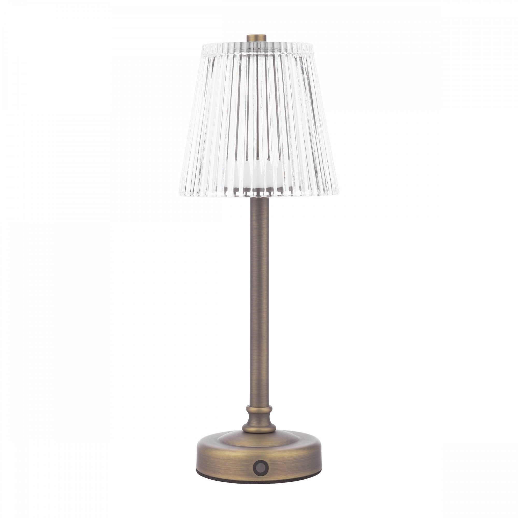 Bronze rechargeable table lamp with a pleated clear plastic shade.