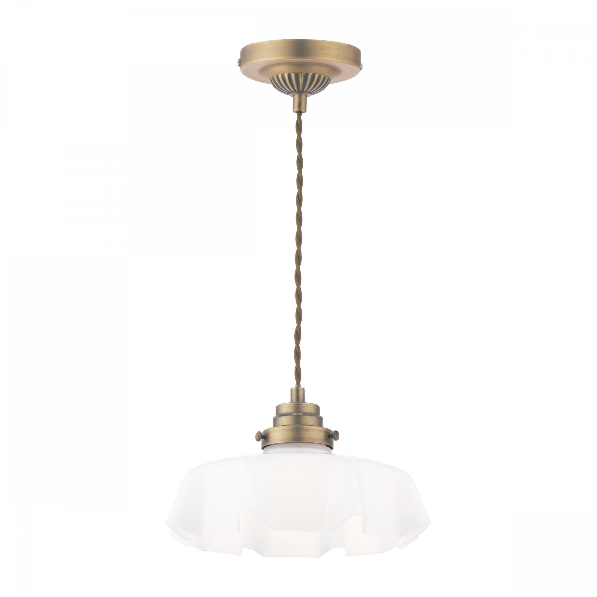 A brass pendant light with a white fluted glass shade on a white background.