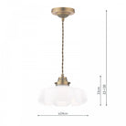 Dimensions for a brass pendant light with a fluted white glass shade are shown.