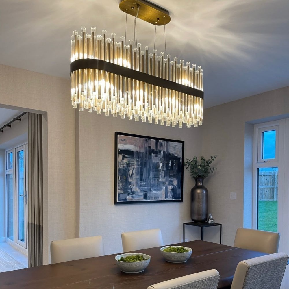 Colmar Antique Brass Long Chandelier with Glass Tubes by RV Astley