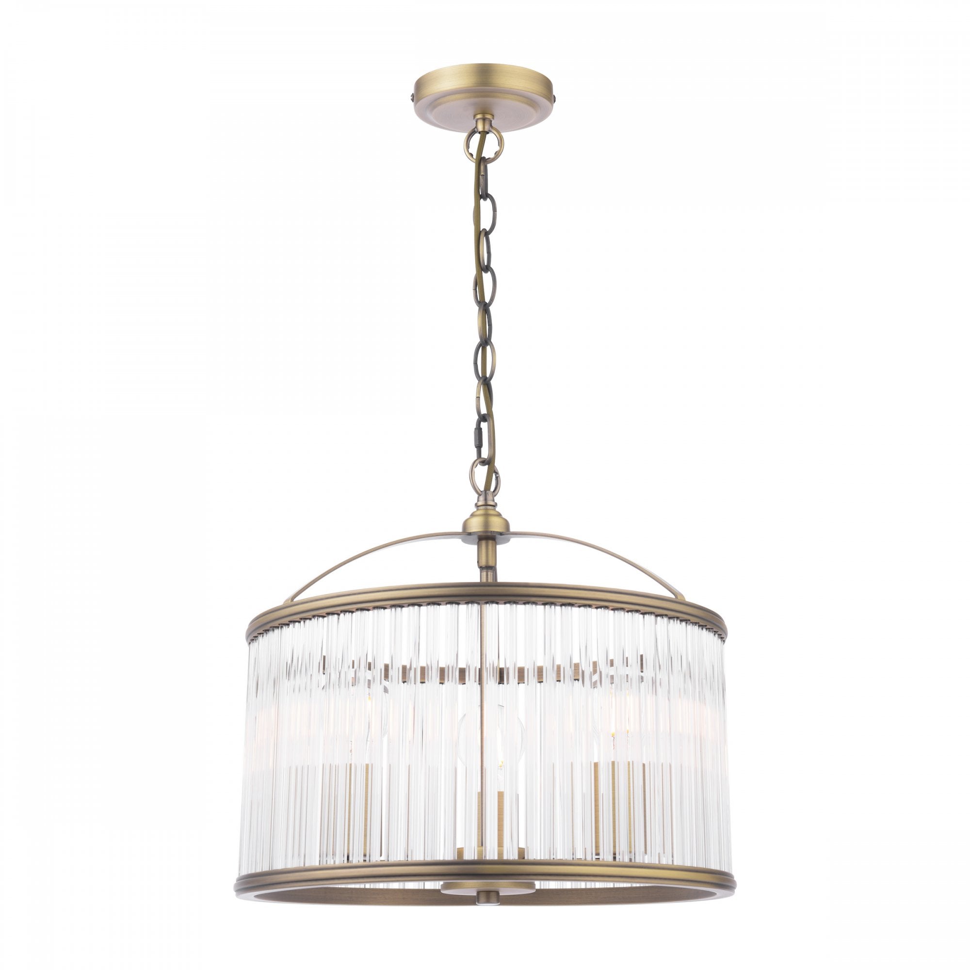 An antique brass and clear reeded glass pendant light, isolated on a white background.