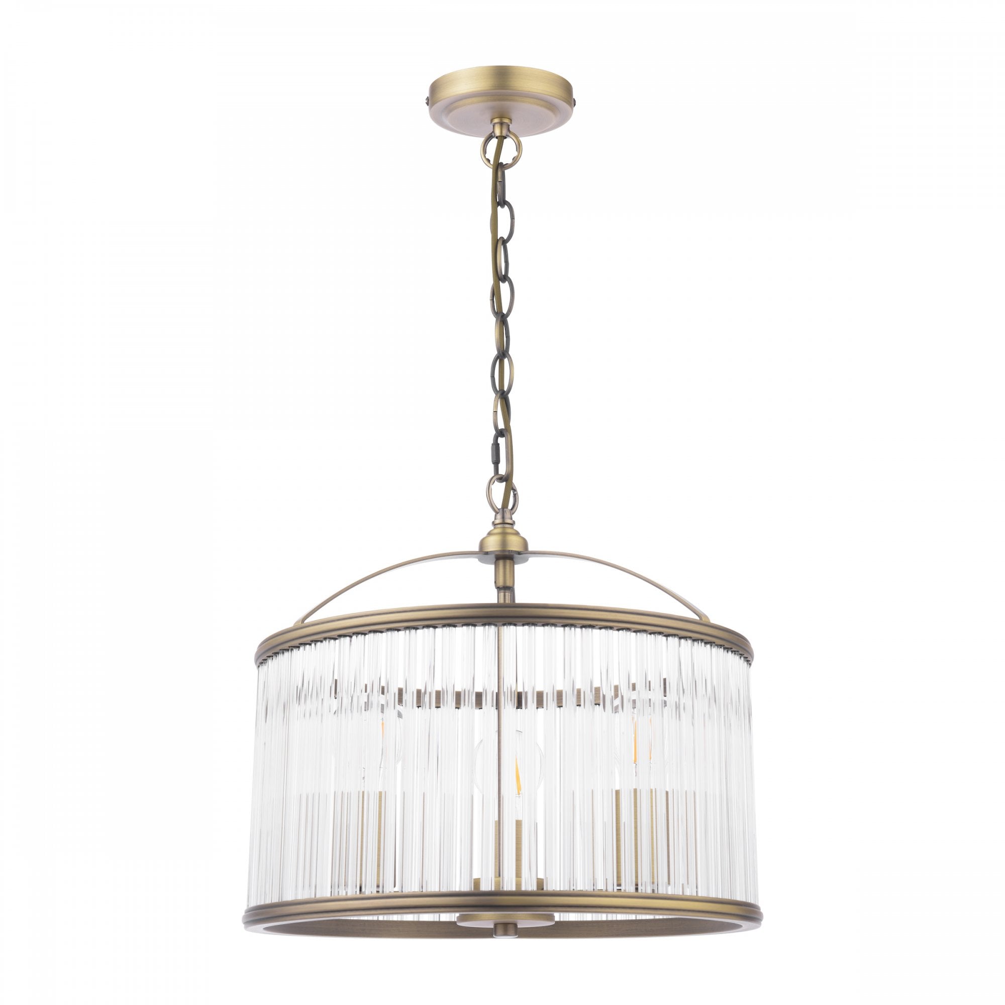 An antique brass and clear reeded glass pendant light, against a plain white background.
