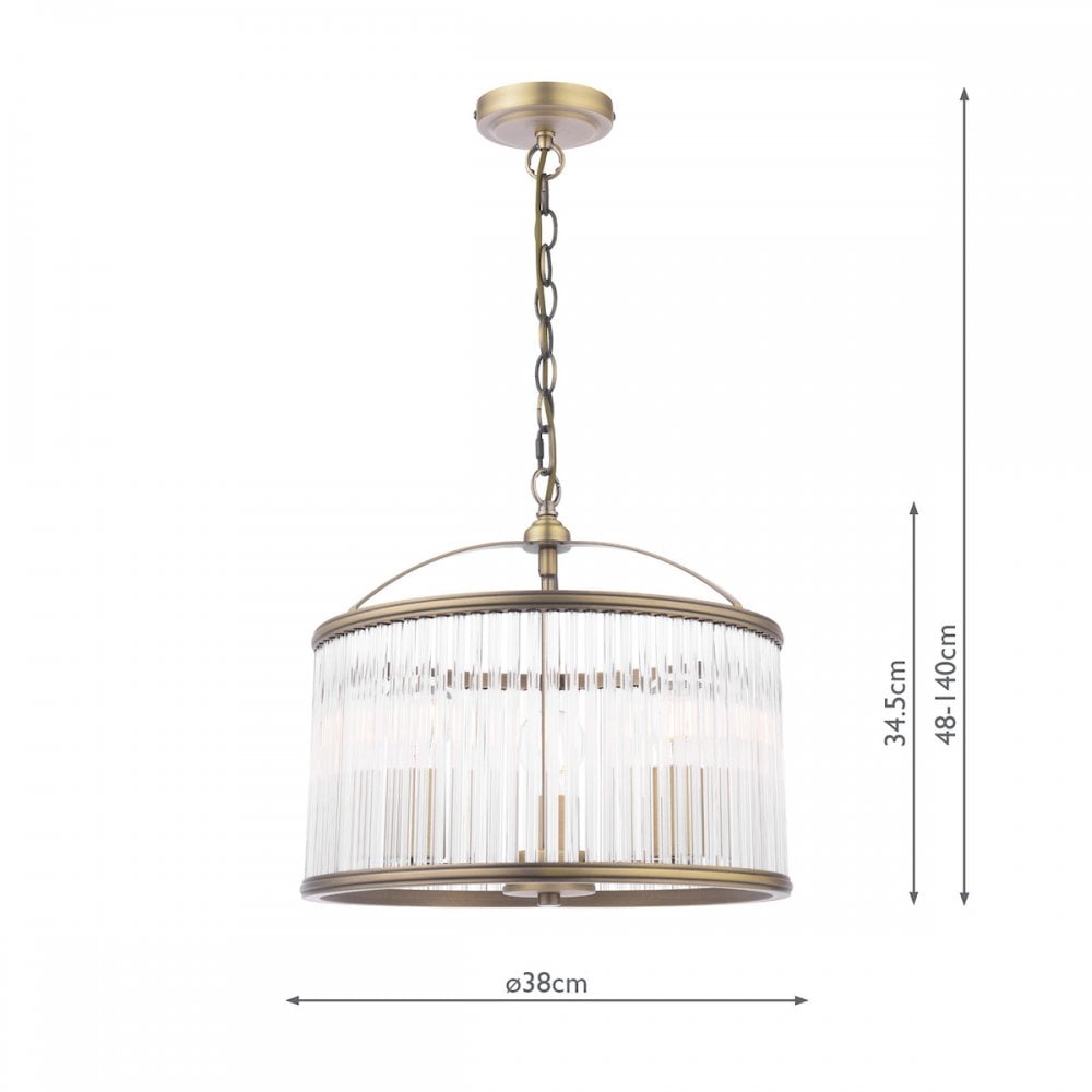 A round antique brass and clear reeded glass pendant light with dimensions shown.