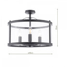 Black semi-flush ceiling light with clear glass drum shade and three bulbs, showing dimensions.