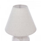 Close-up view of a light-colored, conical fabric lampshade with a subtle texture.