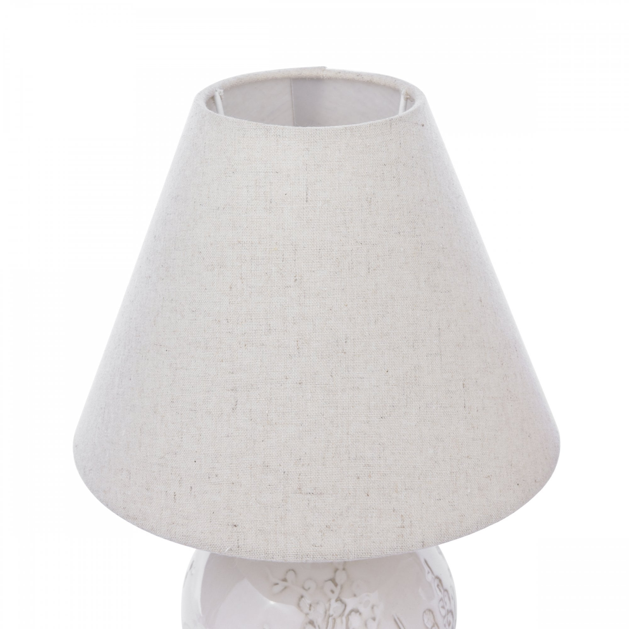 Close-up view of a light-colored, conical fabric lampshade with a subtle texture.
