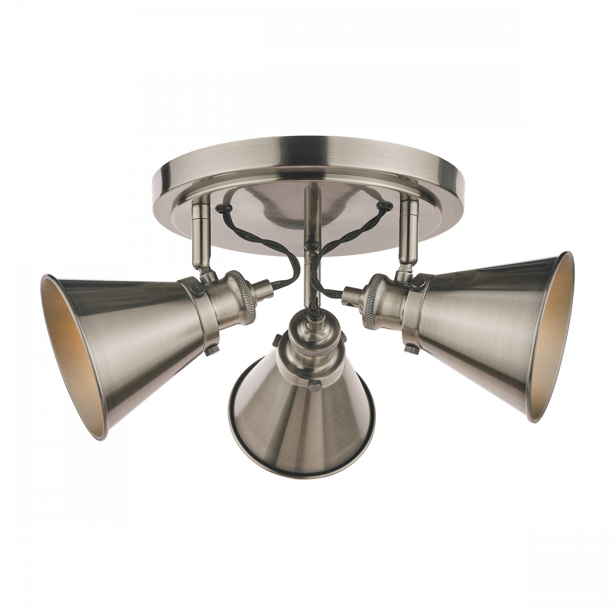 An industrial-style ceiling light with three bulbs, shown against a white background.