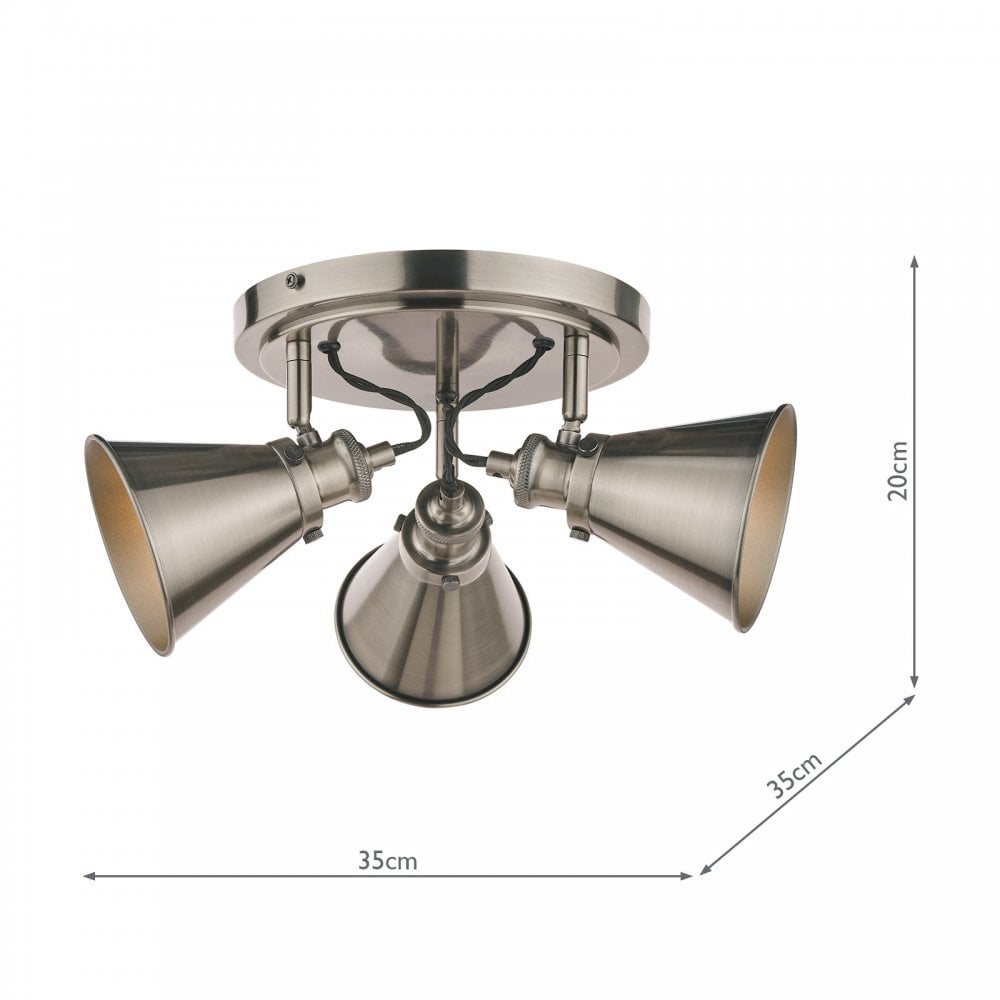 An industrial-style ceiling light with three bulbs, with dimensions 35cm x 20cm.