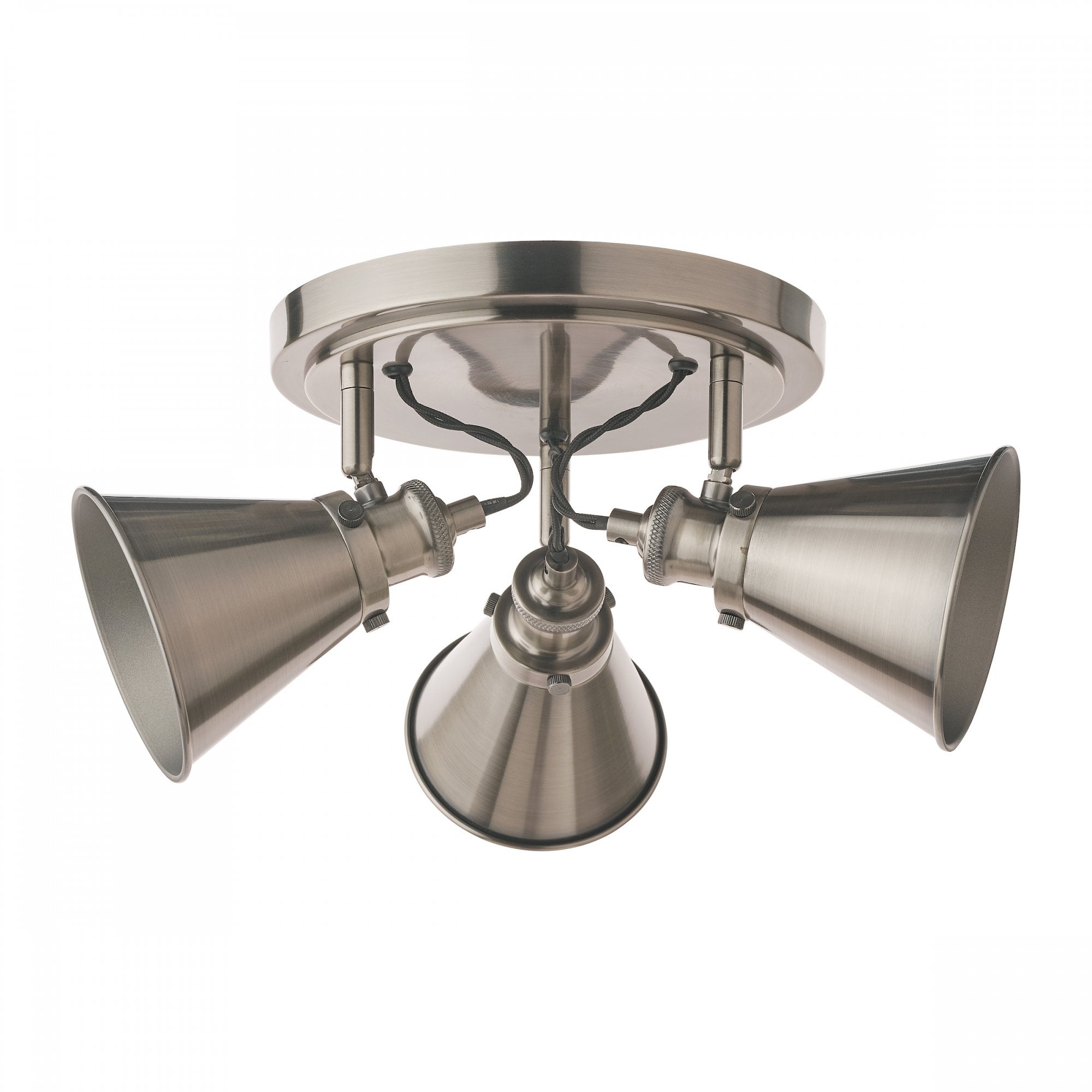 An industrial-style ceiling light with three bulbs, against a white background.