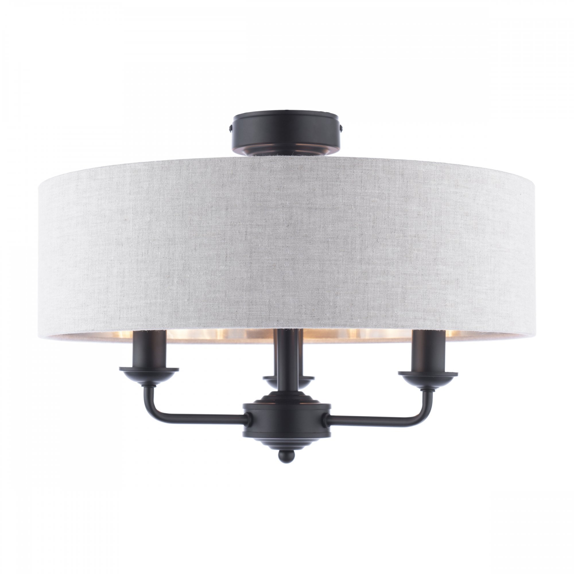 A semi-flush mount ceiling light with a grey fabric drum shade and three exposed black bulbs.