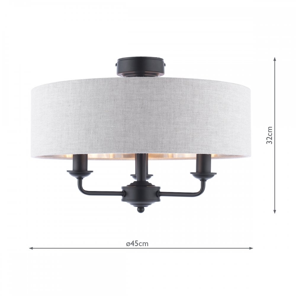 A semi-flush mount ceiling light with a grey fabric drum shade and three exposed black bulbs with measurements.