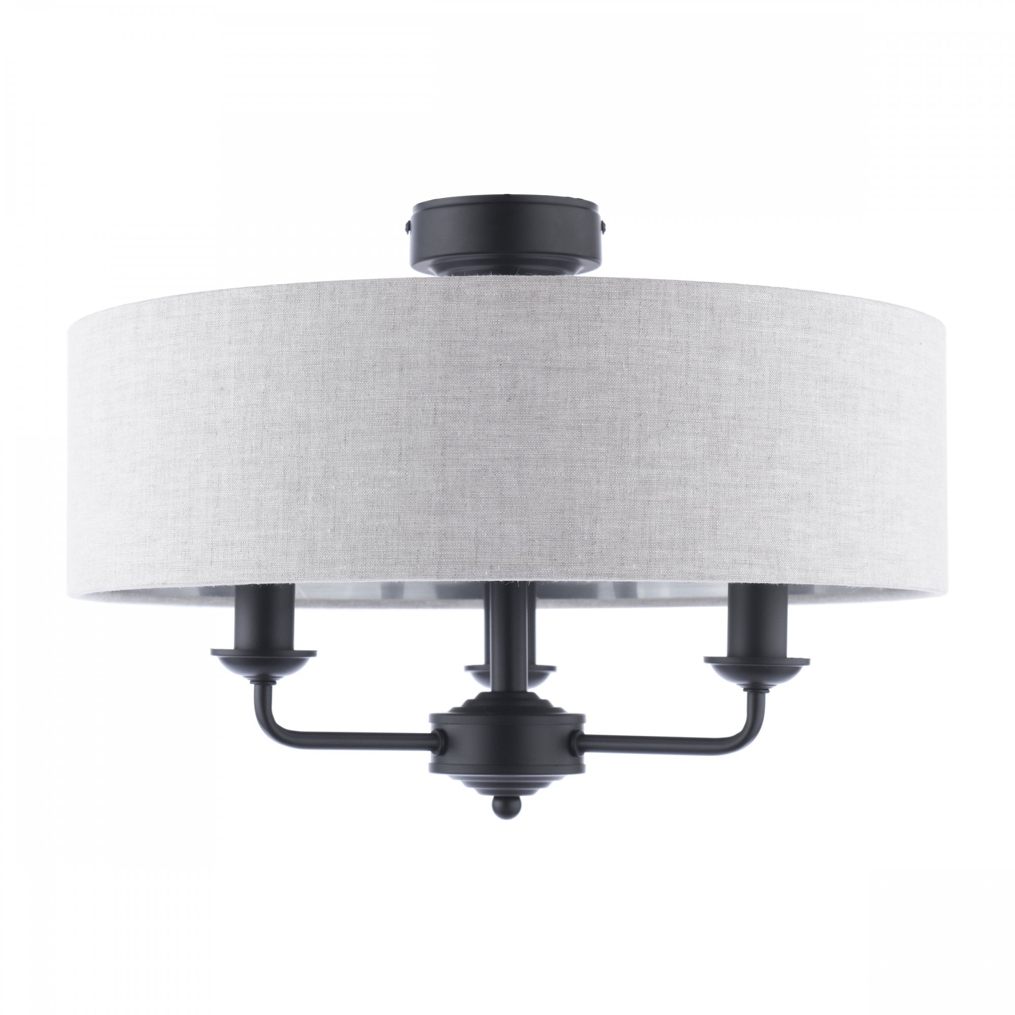 A semi-flush mount ceiling light with a grey fabric drum shade and three exposed black bulbs.