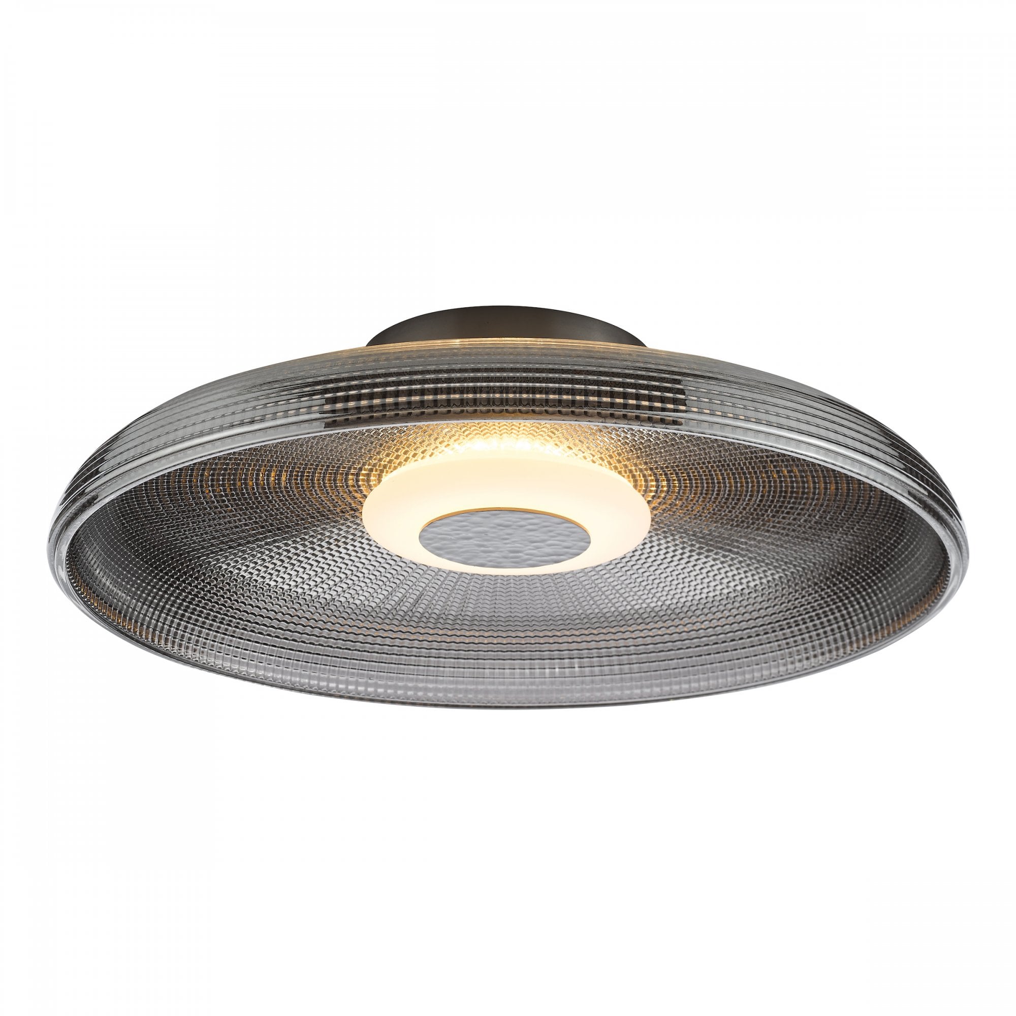 The minimalist ceiling light, featuring a textured gray glass shade and a glowing center.