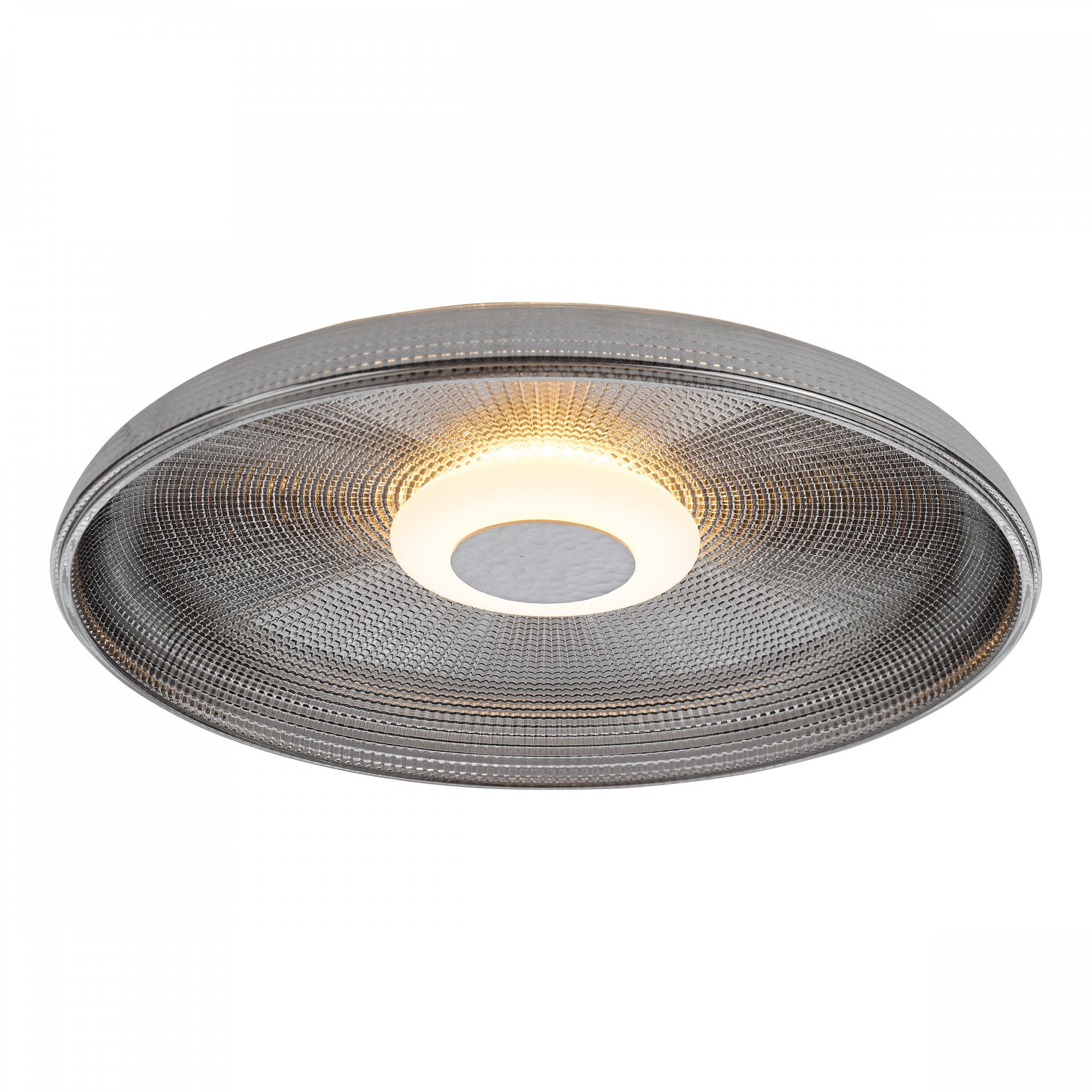 The minimalist ceiling light features a textured gray glass shade and a warm, central light.