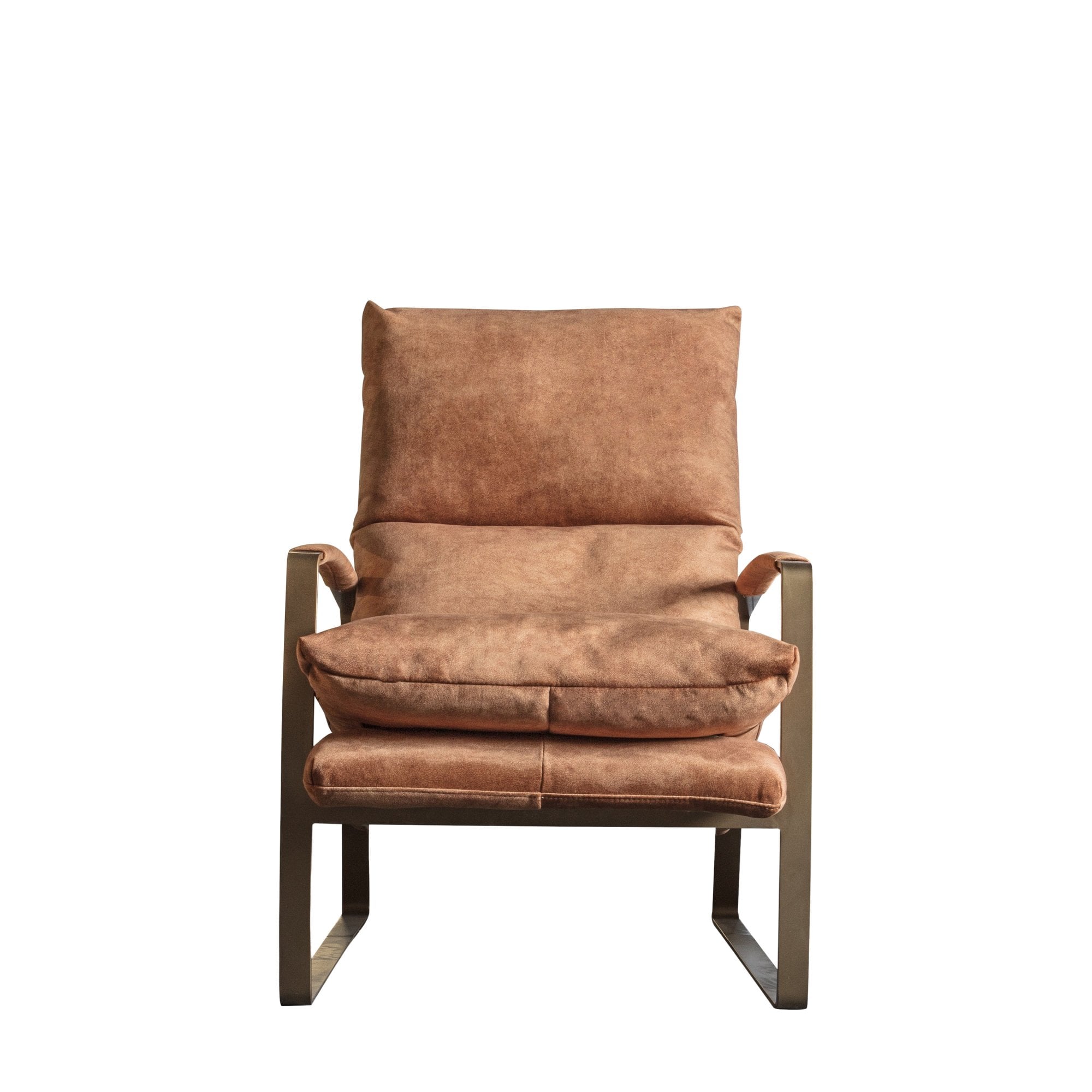 Front view of a brown upholstered lounge chair with a metal frame on a white background.