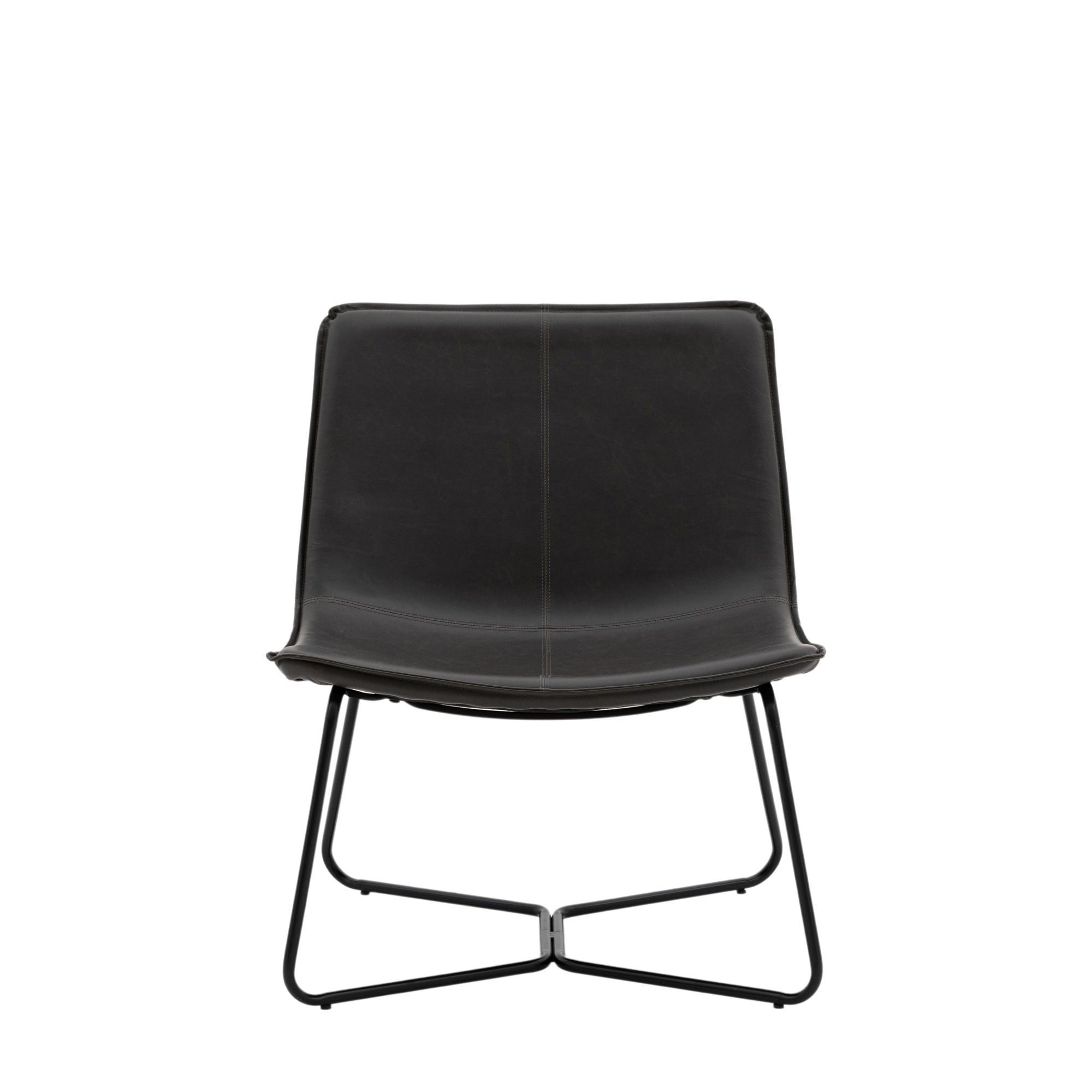 Front view of a black leather lounge chair with a minimalist metal base.