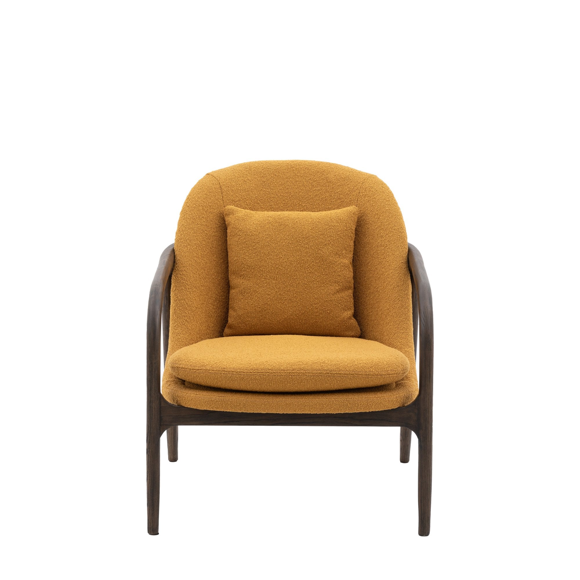 A mustard yellow accent chair with a dark wooden frame and a matching cushion.