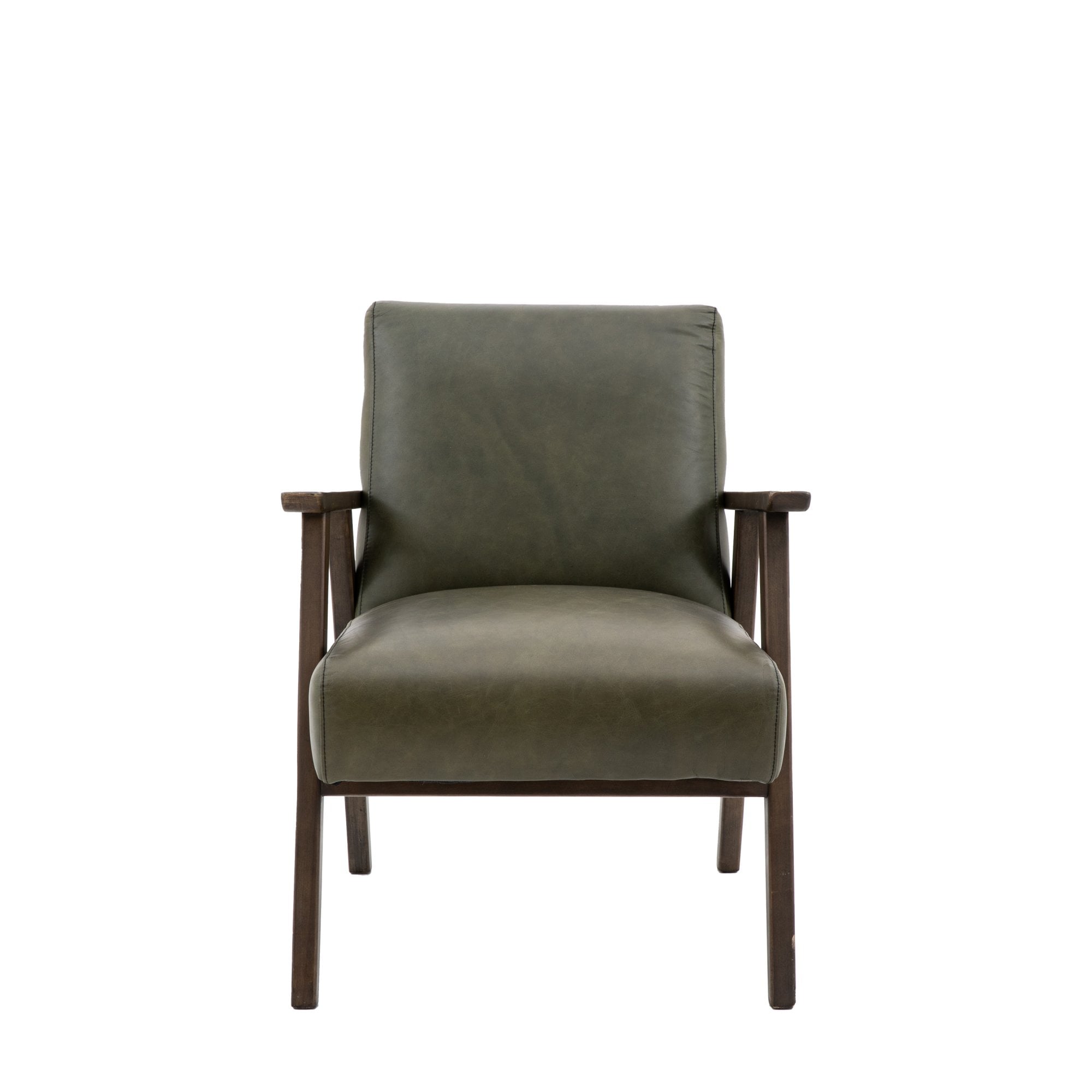 Front view of a green leather armchair with dark wooden arms and legs on white background.