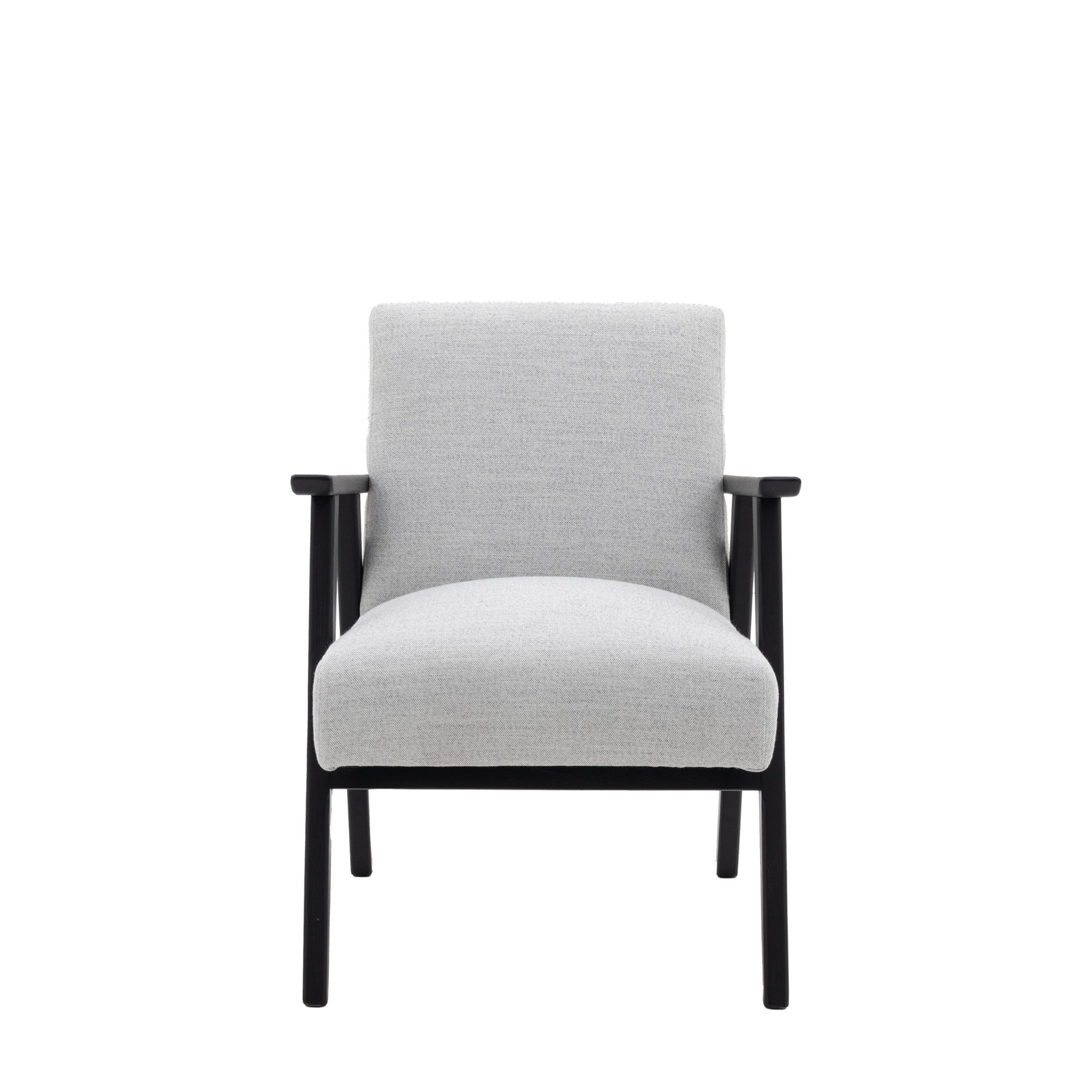 Front view of a light grey upholstered armchair with a dark wooden frame on a white background.