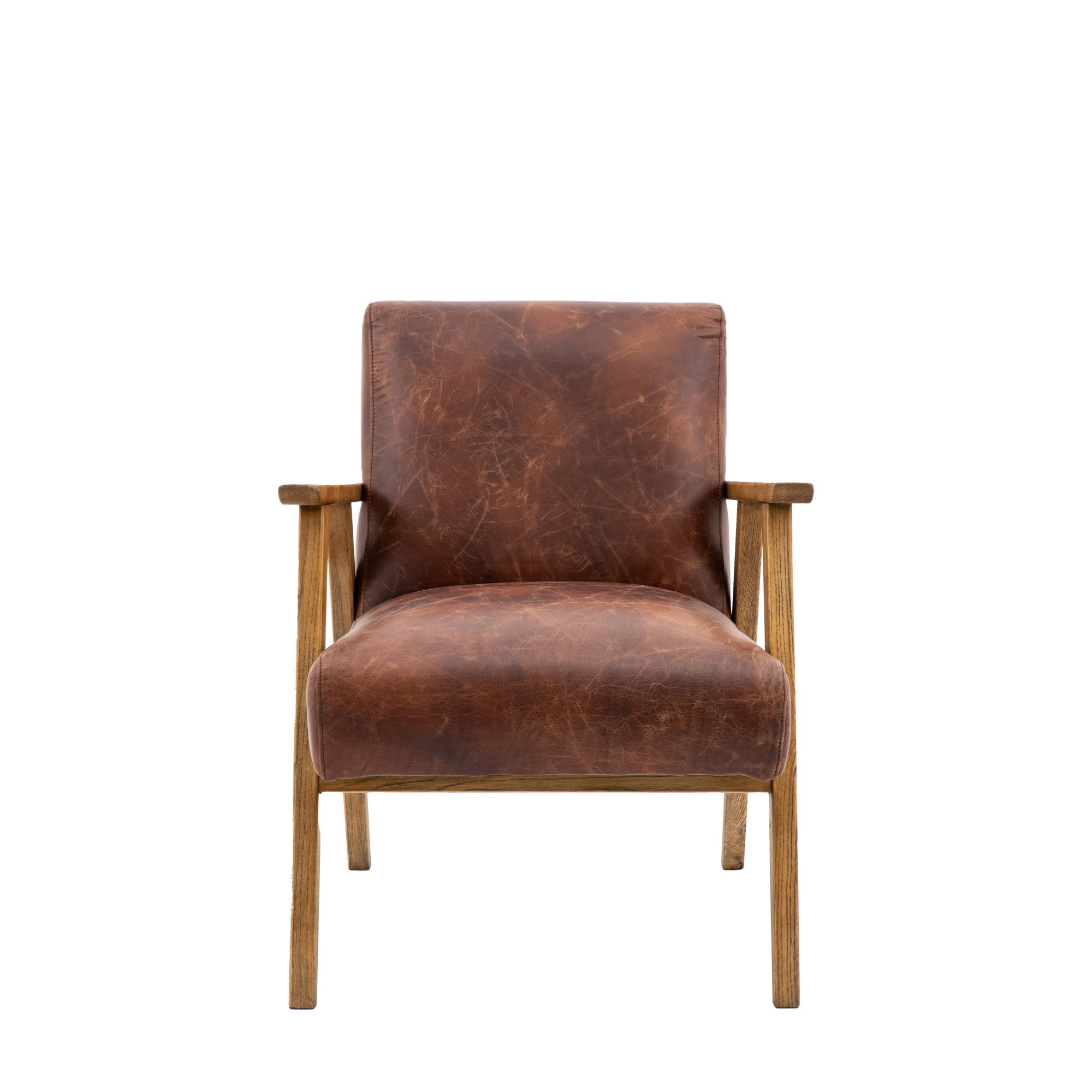 Front view of a brown leather armchair with a light wooden frame on a white background.