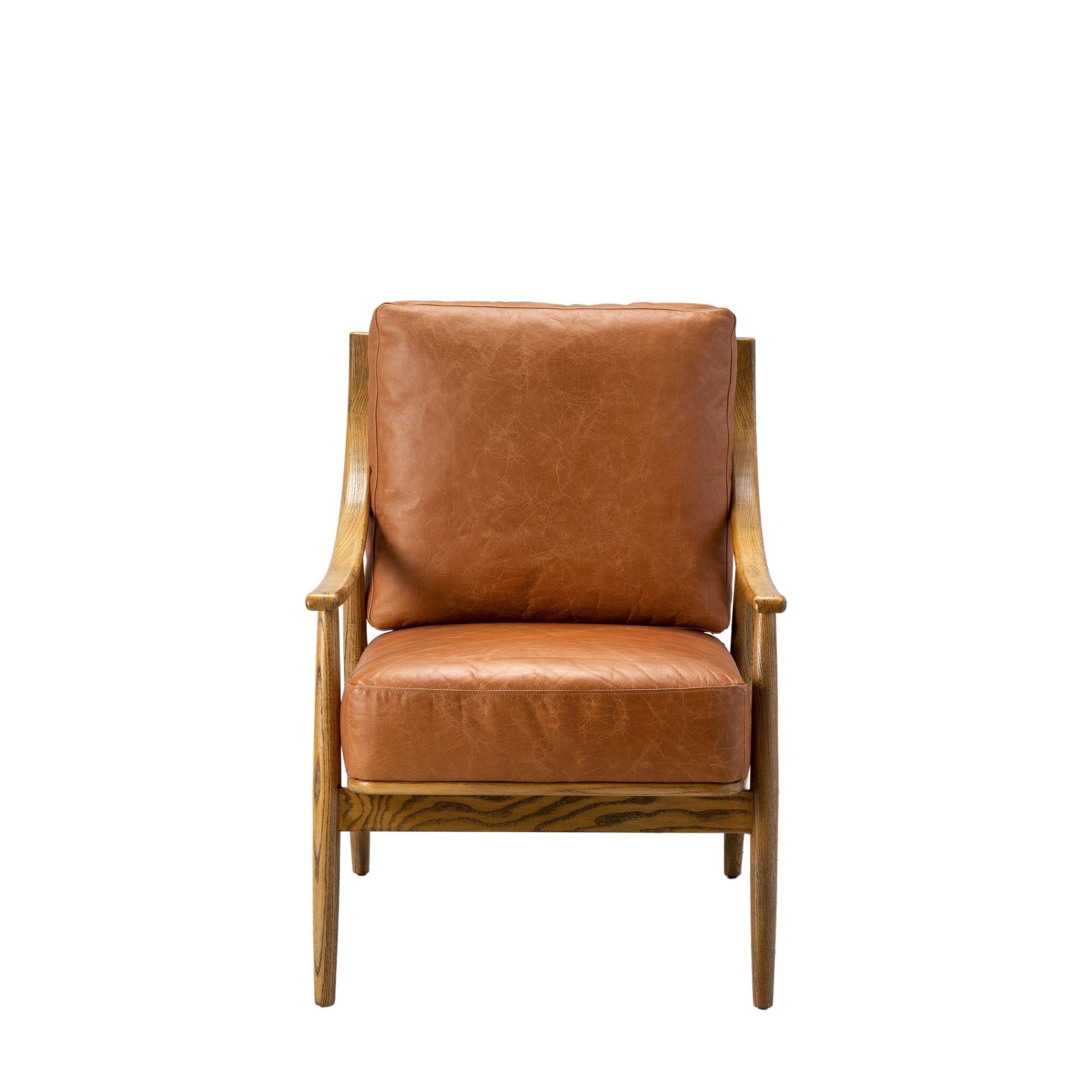 Front view of a brown leather armchair with a wooden frame on a white background.