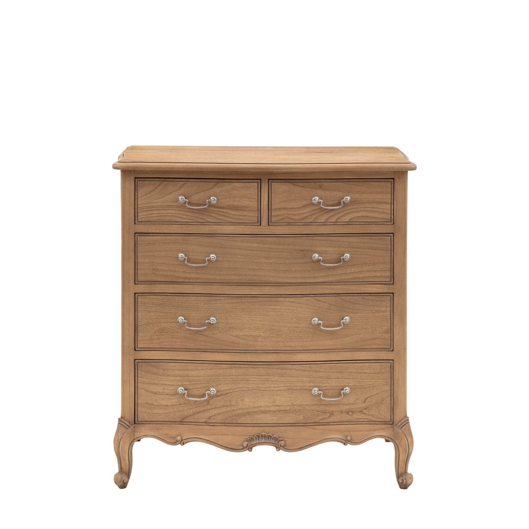 A light wood five-drawer chest of drawers with an ornate base and curved legs.