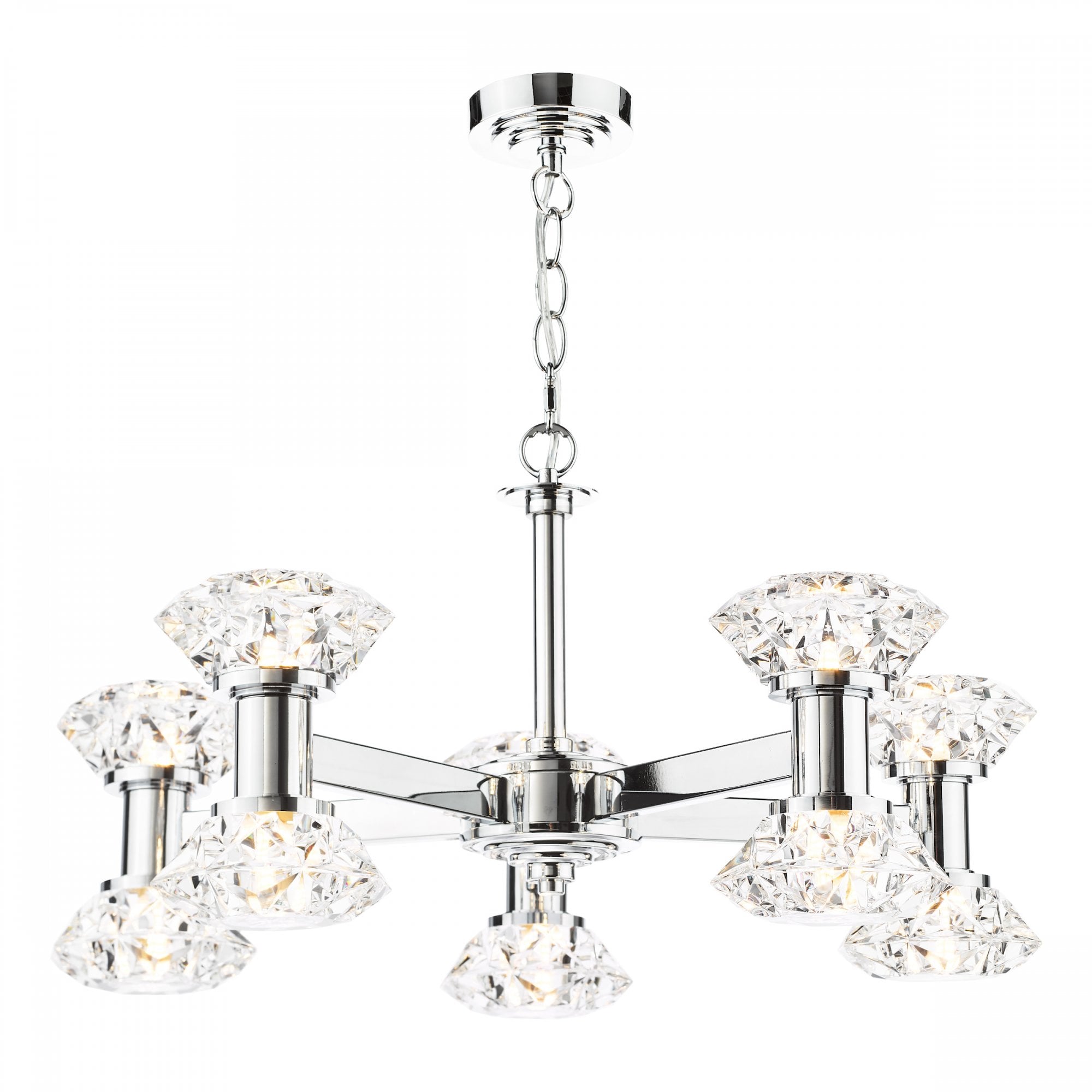 A modern chrome chandelier with six crystal shades, casting a bright glow.